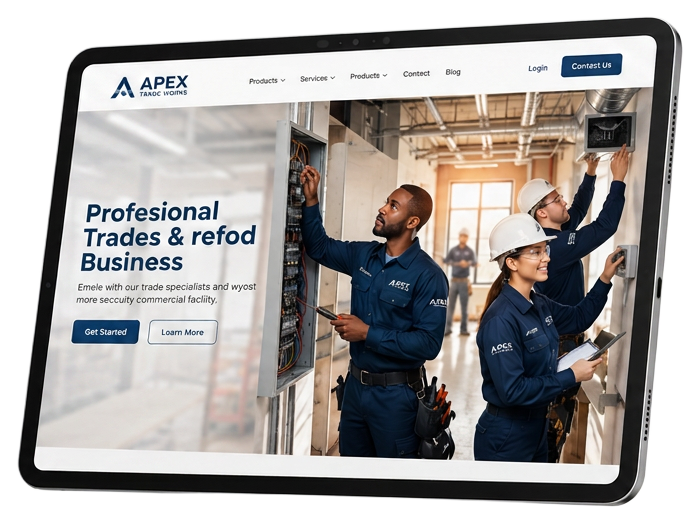 Floating tablet displaying a professional trades website