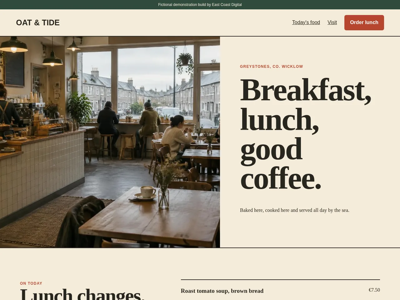 Oat and Tide cafe demonstration homepage